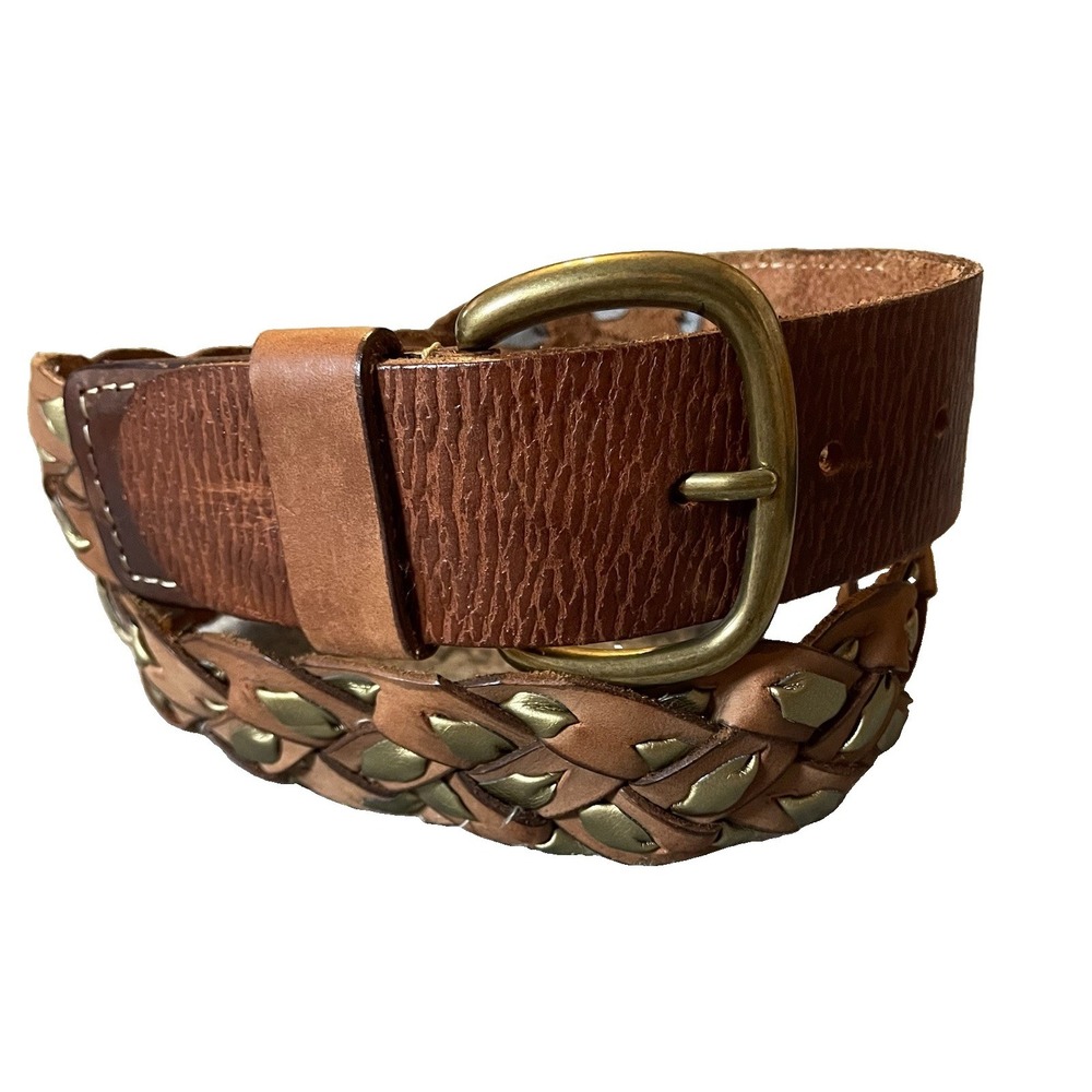 Vtg 90s Brown Braided Leather Belt Womens Sz L Gold Trim Solid Brass Buckle